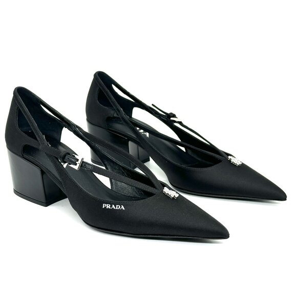 PRADA Pointed Toe Cutout Cut Out Block Heel Crystal Satin Leather Pumps - Picture 11 of 16